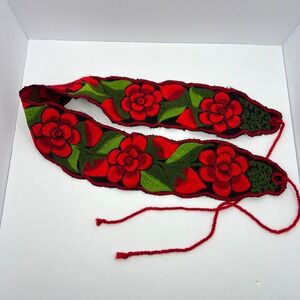 Handmade Red Rose Embroidered Belt OS Vintage Sash Boho Folk Art Maximalist